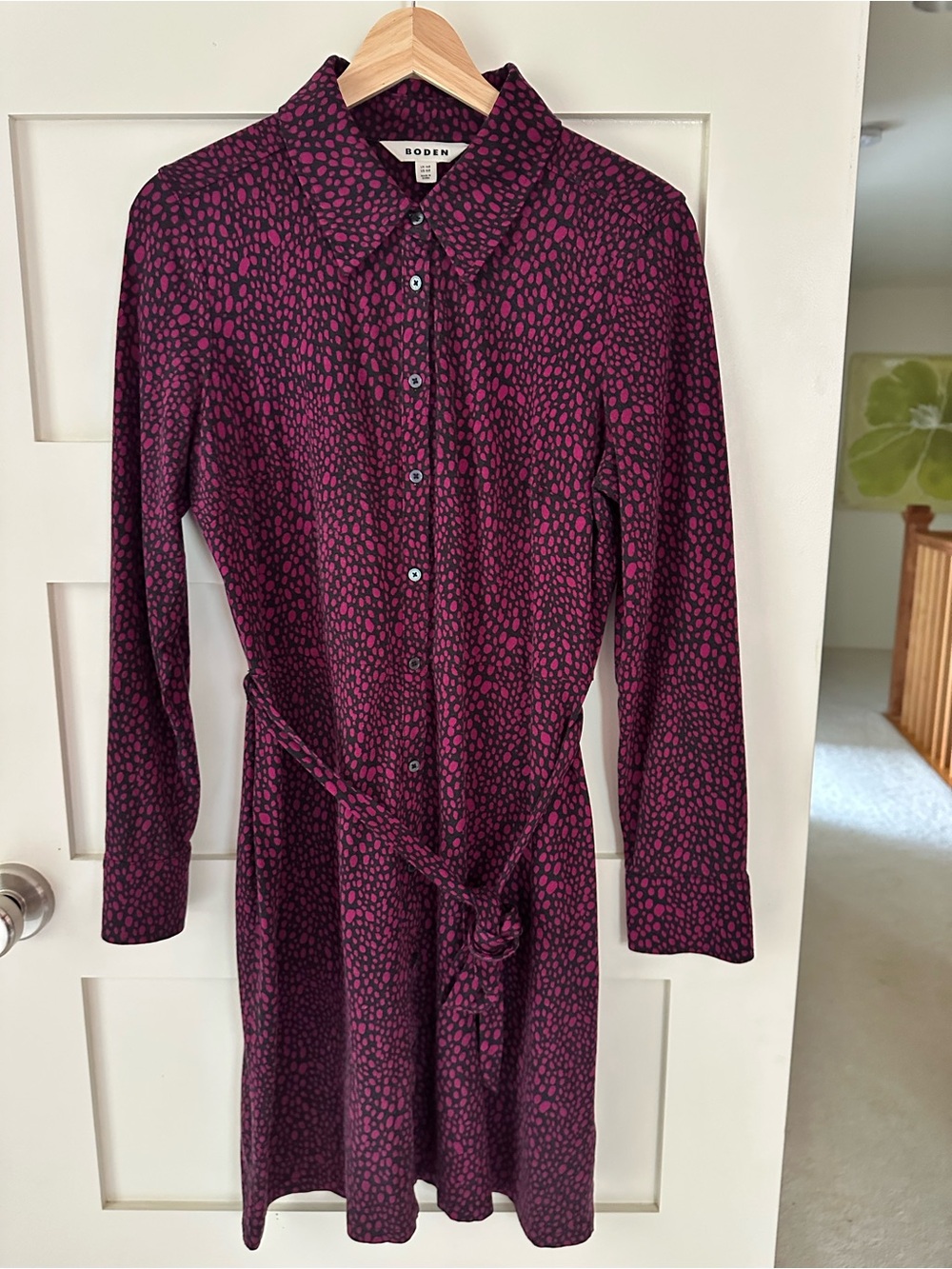 Boden Long-Sleeve Shirt Dress in Berry and Dark Plum Spot